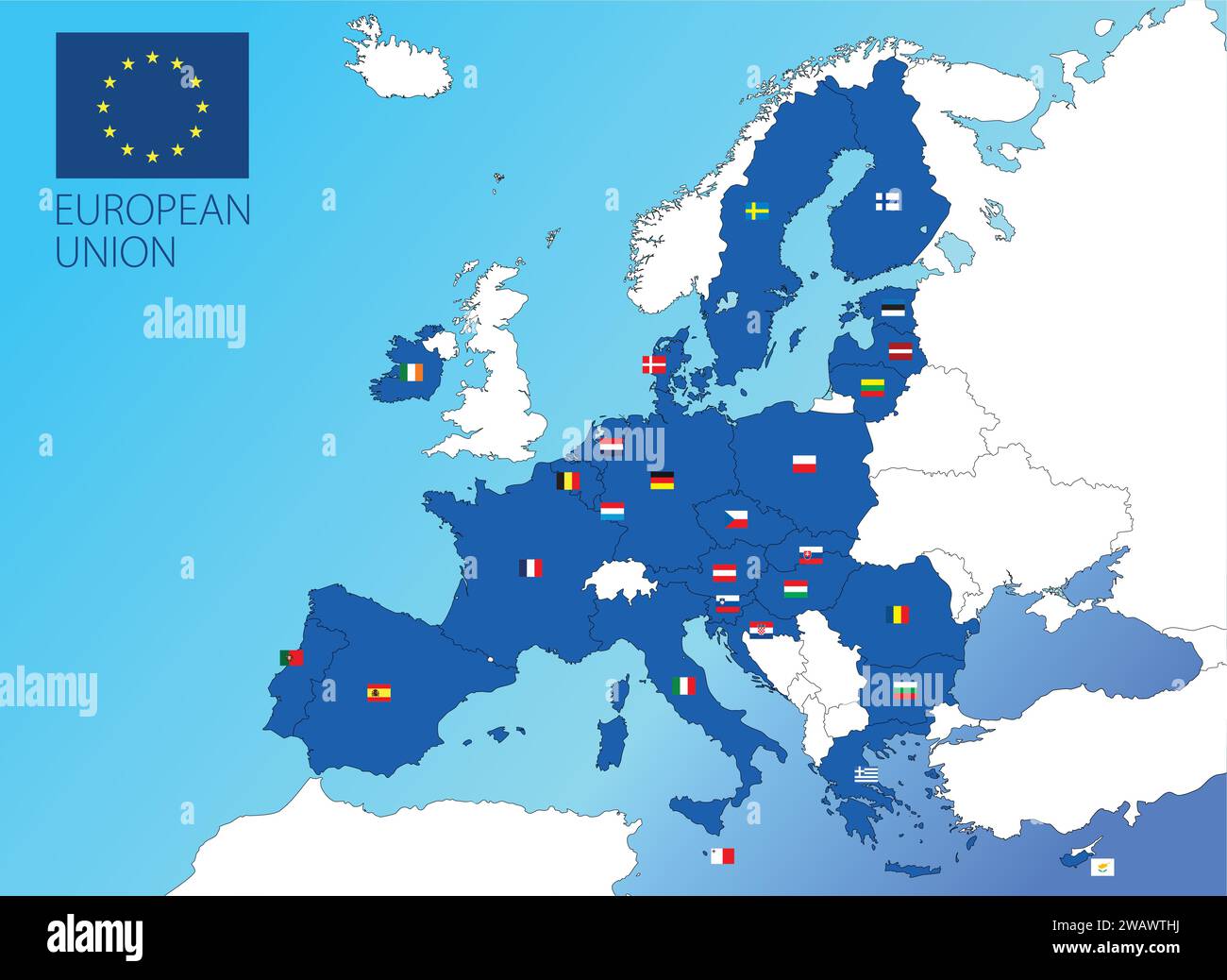 European Union map with the territorial division of the states with names and flags of the nations, vector illustration Stock Vector