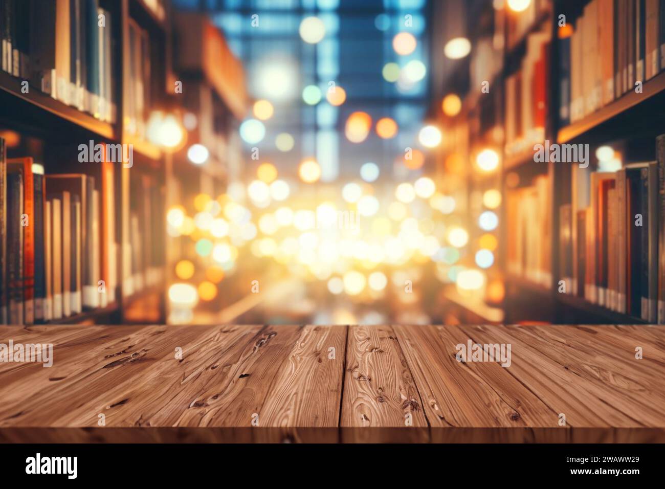blur bookshelves school library bokeh lights beautiful like fairy tale dream background with wooden foreground for montage graphic element. Stock Photo