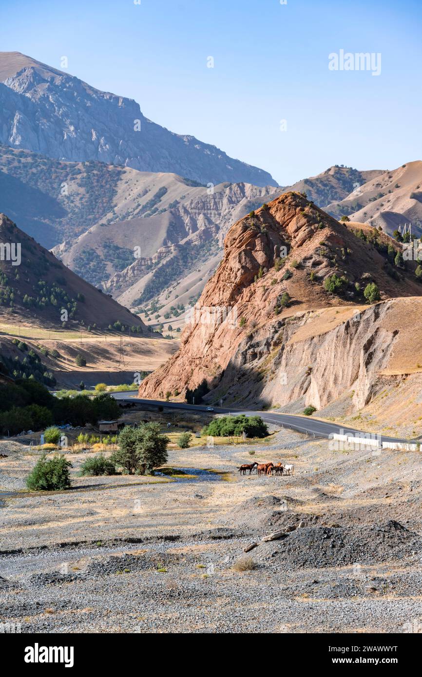 Pamir Highway, road through the mountains, Kyrgyzstan Stock Photo