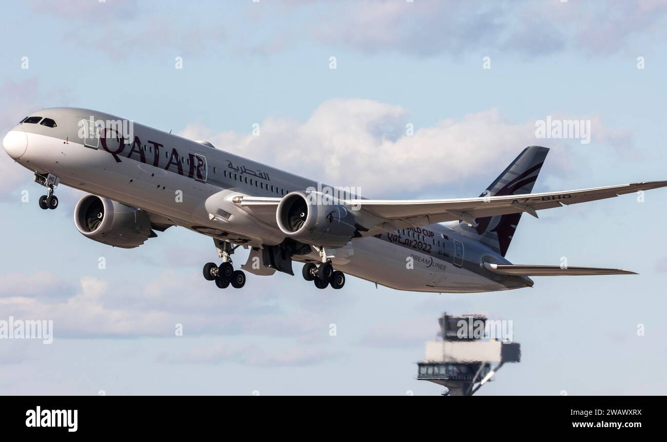 A Boeing 787-9 Dreamliner operated by Qatar Airways takes off from BER Berlin Brandenburg Airport Willy Brandt, Schoenefeld, 28/03/2023 Stock Photo