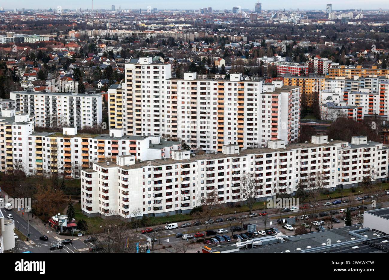 View of residential buildings in Gropiusstadt. The rise in rents in German cities has increased again in the past year, Berlin, 16.01.2023 Stock Photo