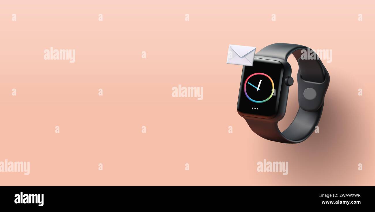 Smart watch 3d render illustration with analog clock face and message notification envelope hanging above, digital composition Stock Vector