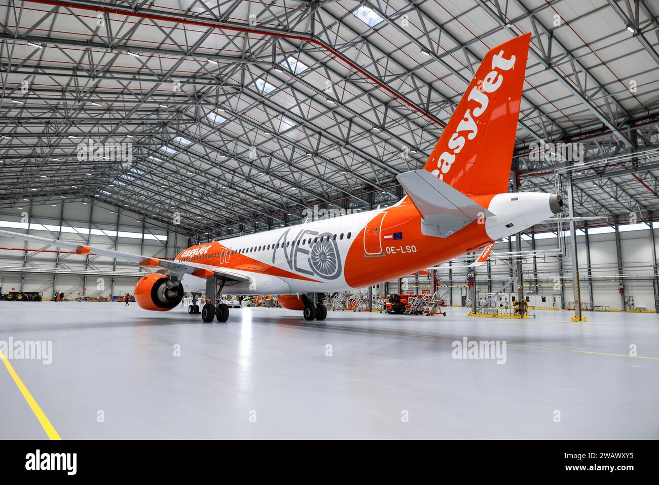 An easyJet Airbus A320 neo stands in the newly opened easyJet maintenance hangar. The entire European easyJet fleet is now maintained at the Stock Photo