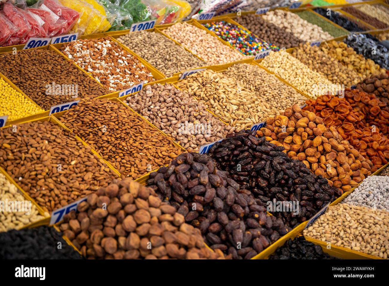 Dried fruit and nuts, market stall at the Osh Bazaar, Bishkek