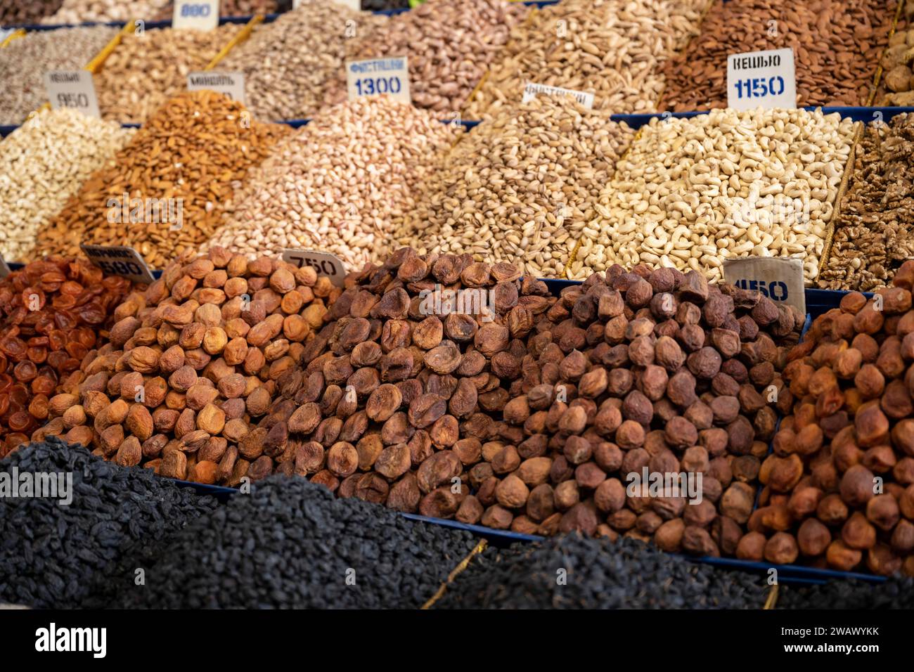 Sweets, dried fruit and nuts, market stall at the Osh Bazaar, Bishkek