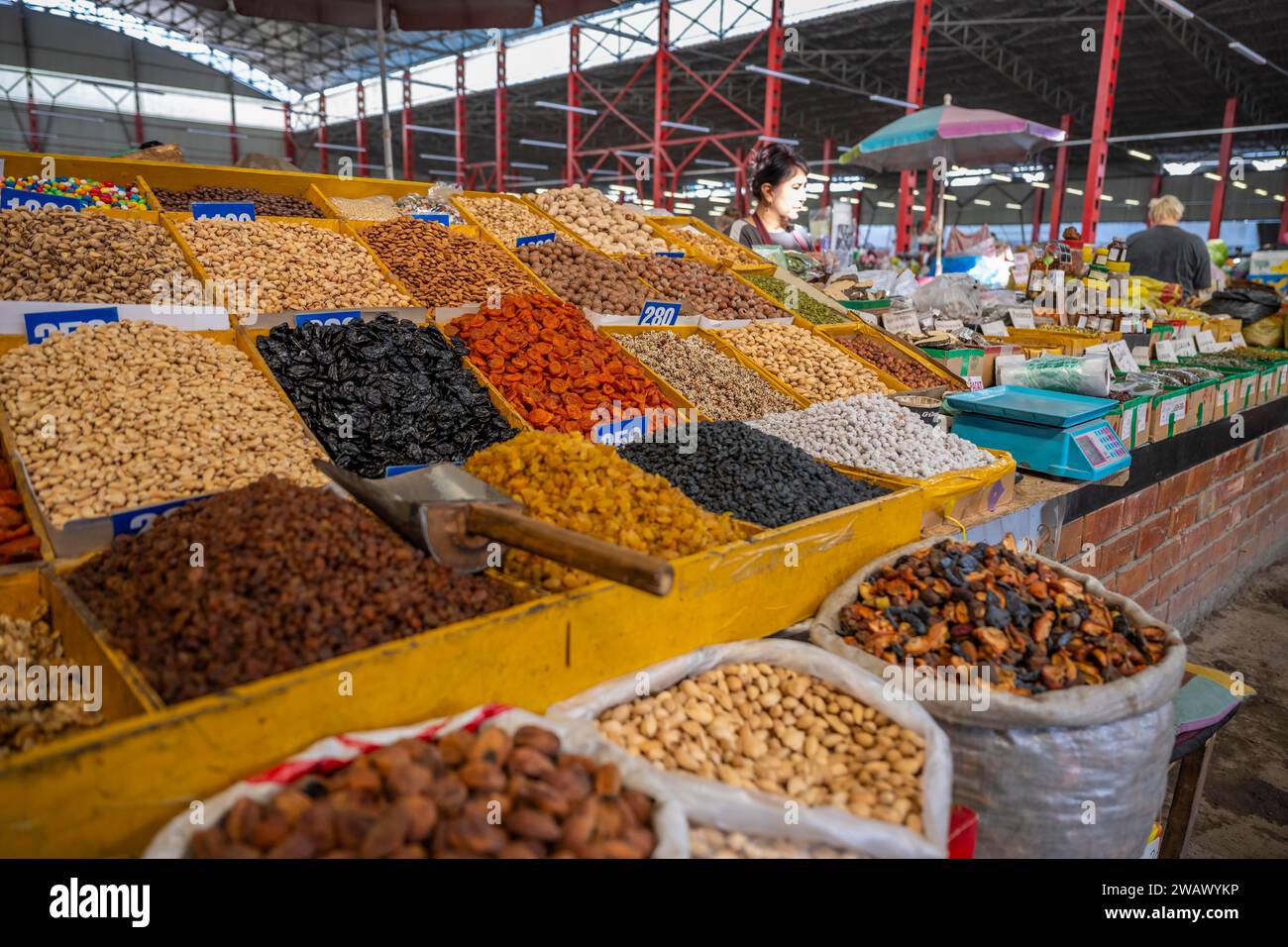 Sweets, dried fruit and nuts, market stall at the Osh Bazaar, Bishkek