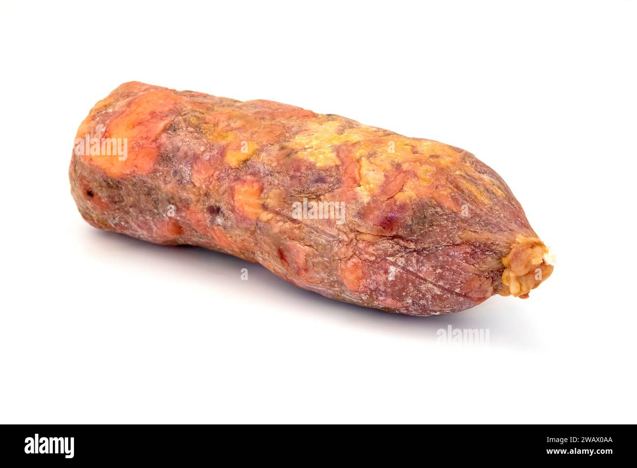 Sant'Angelo di Brolo salami on a white background Stock Photo