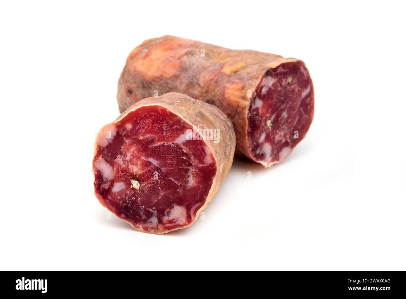 Sant'Angelo di Brolo salami on a white background Stock Photo