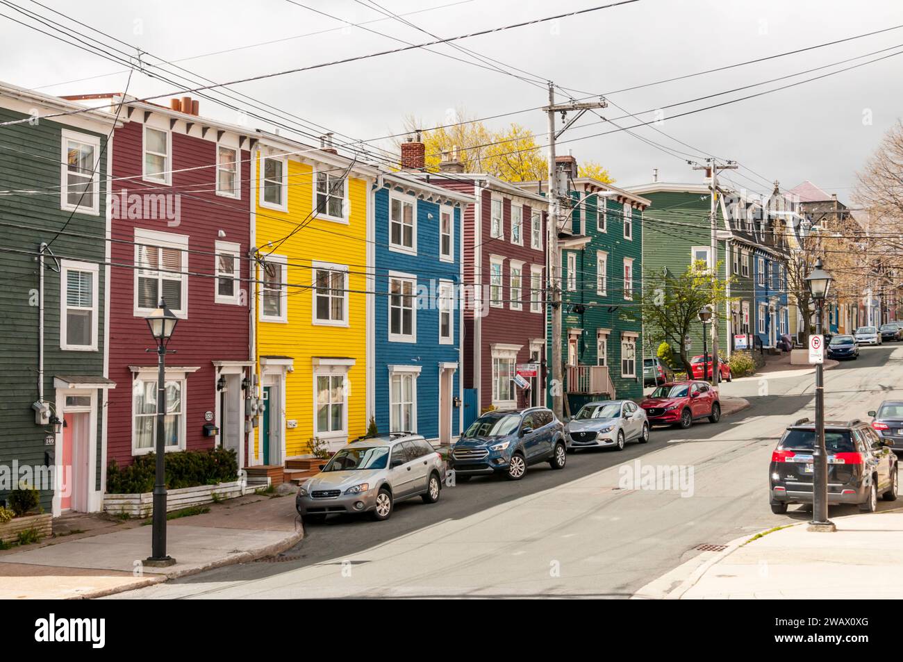 Jellybean Row or colourful houses on Gower Street in St John's, Newfoundland Stock Photo