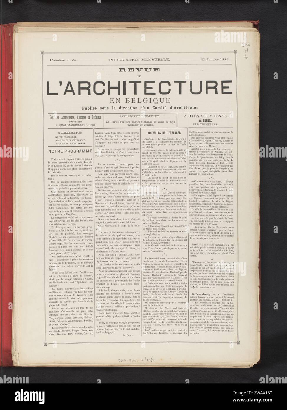 Review of architecture in Belgium / published under the direction of an architectural committee, 1892 - 1893  Cover with 110 prints on 90 sheets and 18 text magazines.  paper. linen (material). cardboard printing / collotype Stock Photo