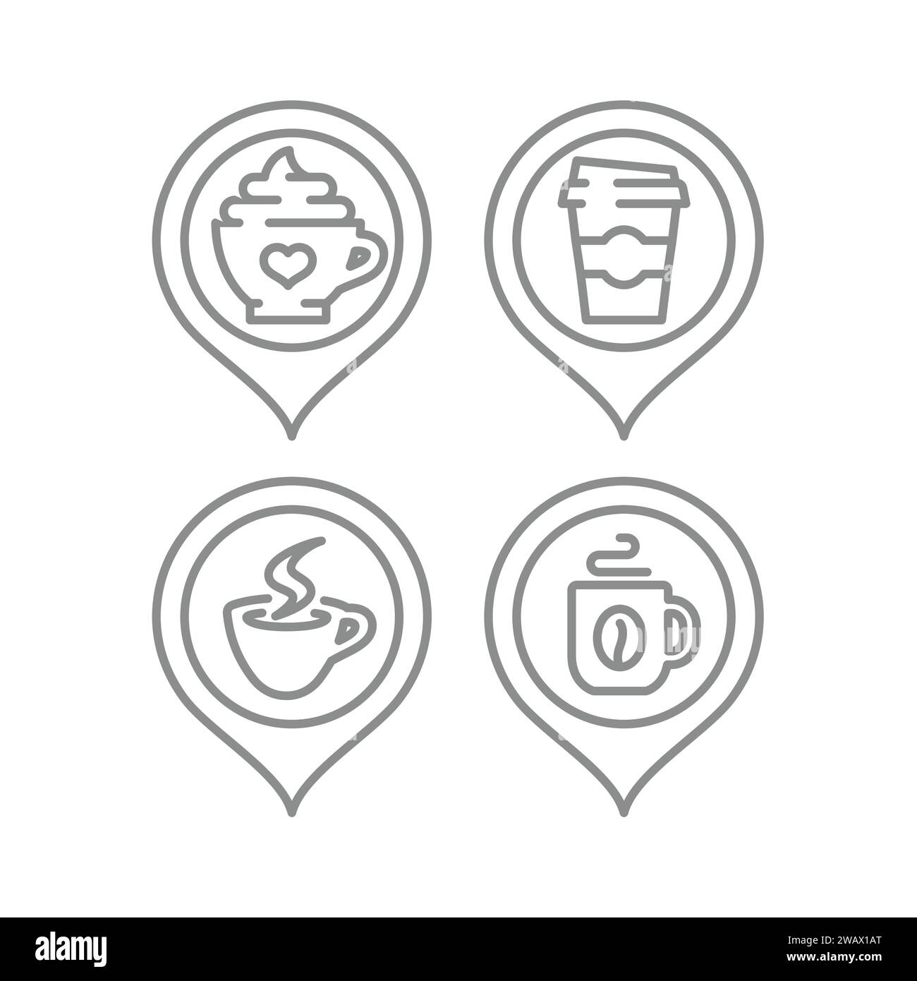 Cafe location map pin vector icons. Coffee cup to go place icon set. Editable stroke. Stock Vector