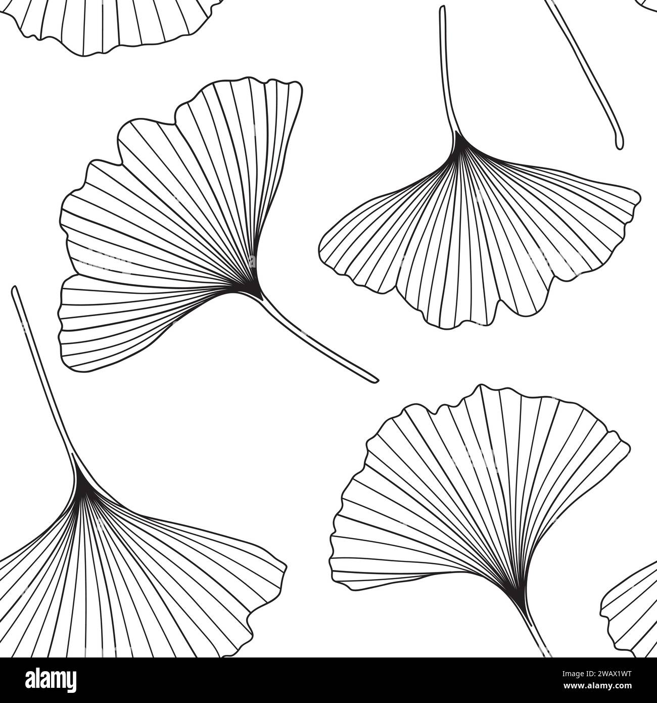 Floral ginkgo seamless pattern ginkgo biloba tree leaf black outlines