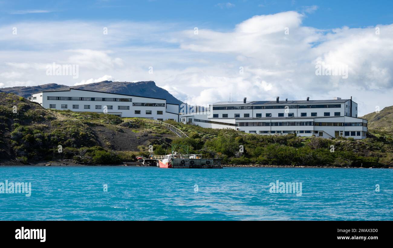 Explora Hotel, Lake Pehoe, Torres Del Pain National Park, Chile Stock Photo
