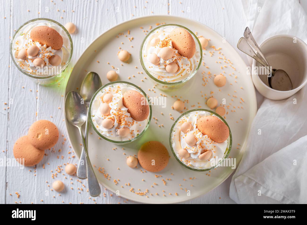 Homemade green jelly made of gelatin and nectarines. Jelly with whipped