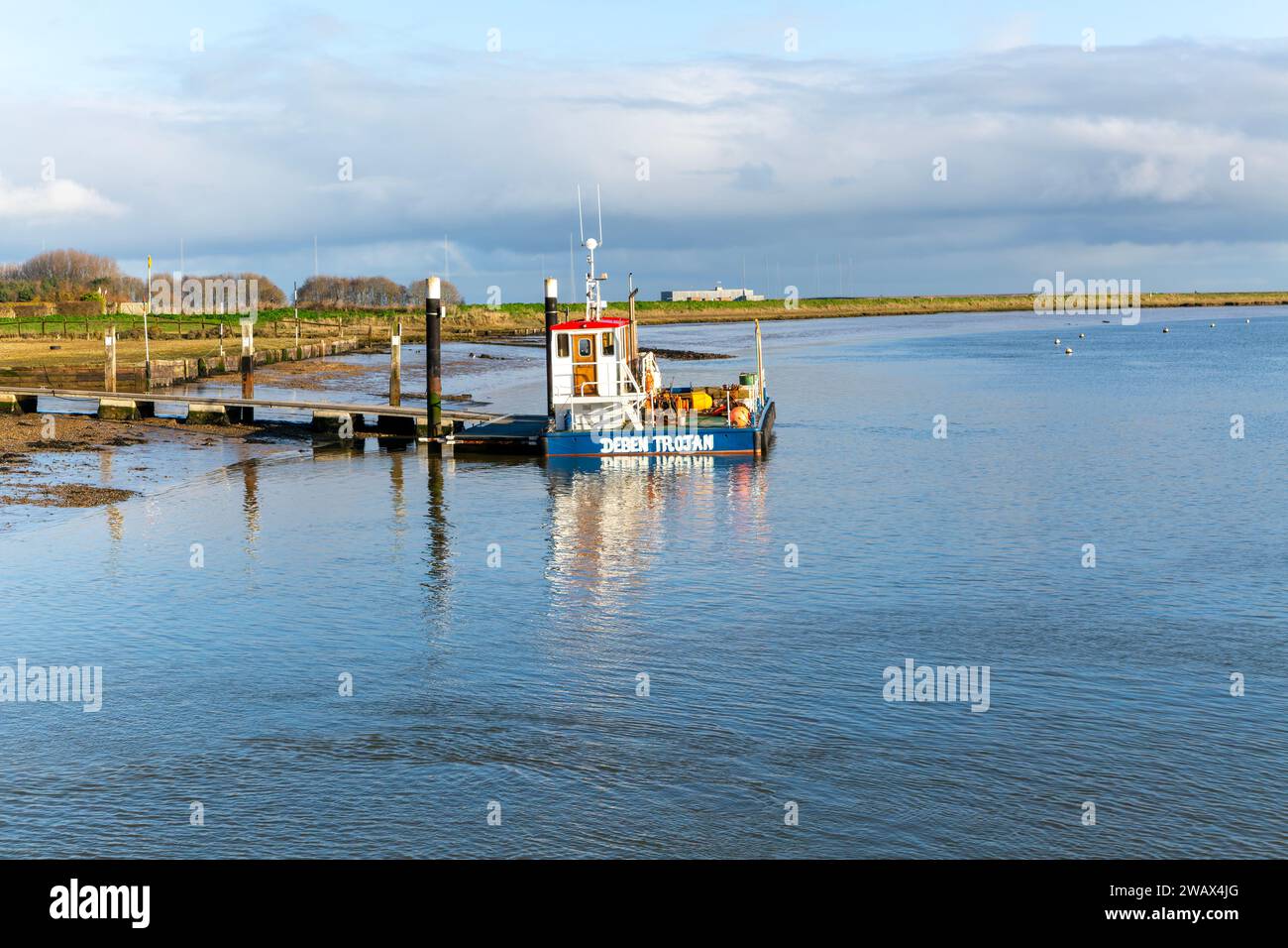 Deben Trojan multicat workboat boat, River Ore, Orford, Suffolk, England, UK Stock Photo