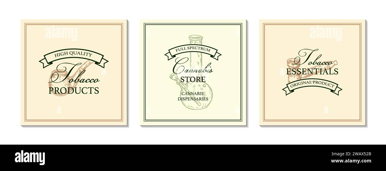 Set of tobacco shop vintage logo templates with hand drawn elements. Vector illustration in sketch style Stock Vector