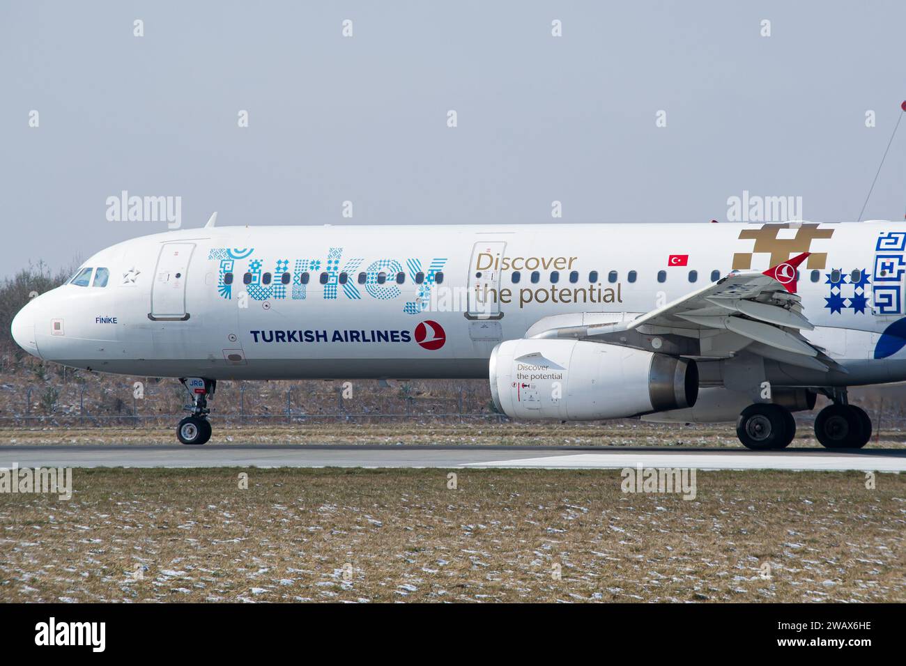 Сlose-up photo of a Turkish Airlines Airbus A321 aircraft wearing 'Turkey - Discover the potential' livery taxiing for takeoff from Lviv Stock Photo