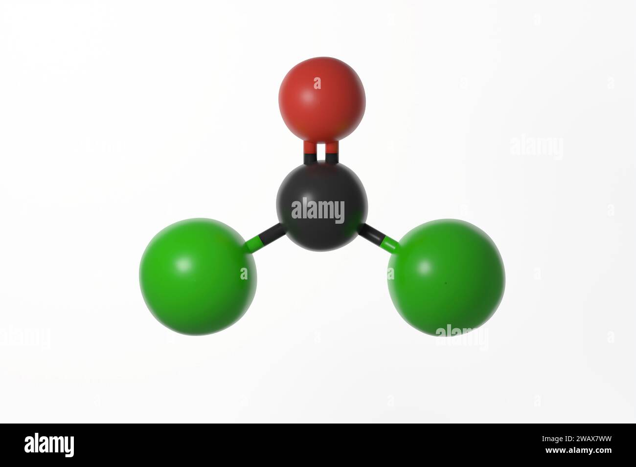 Ball and stick model of phosgene molecule with double bonds shown, against a white background Stock Photo