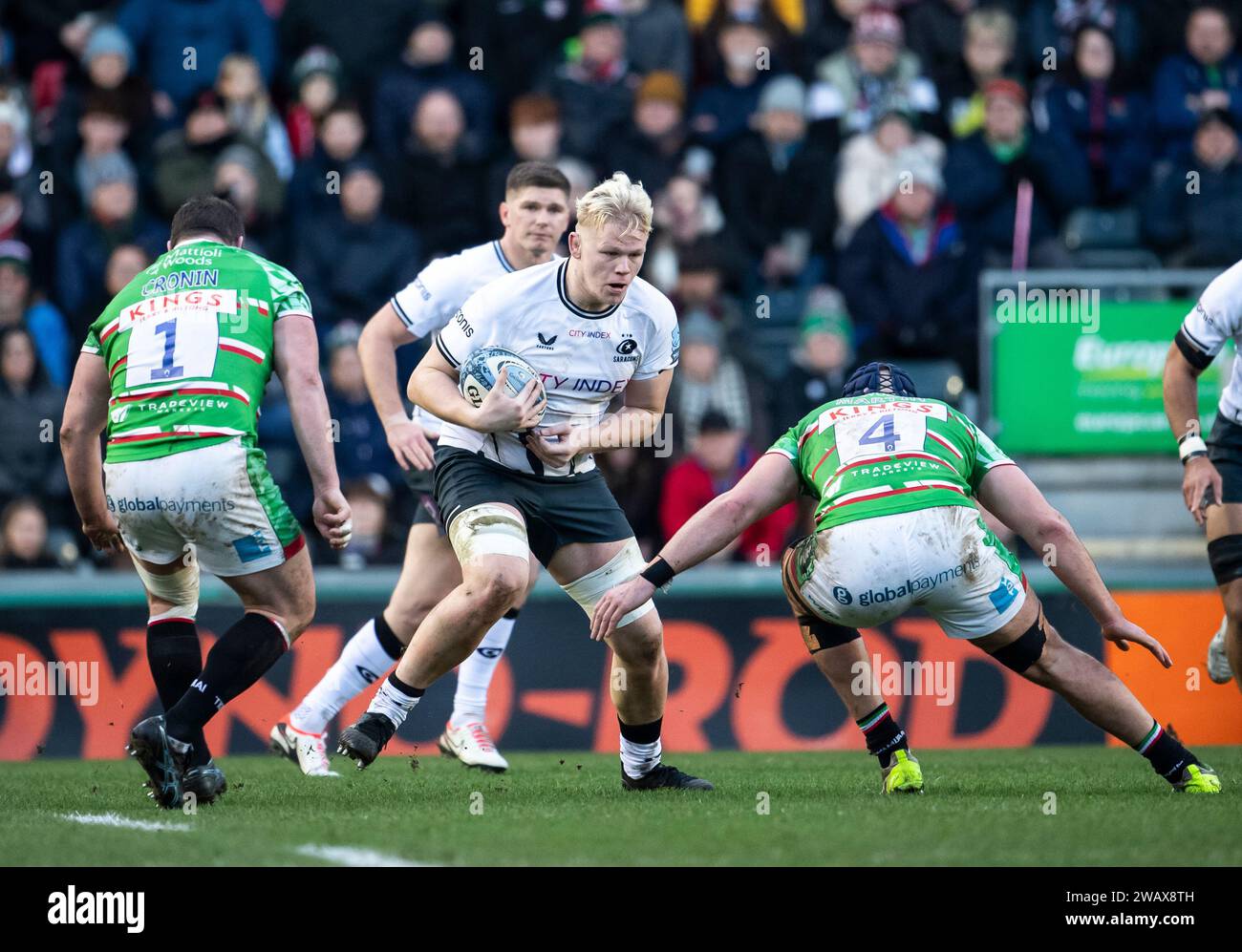 Saracens Hugh Tizzard In Action During The Leicester Tigers Vs Saracens Mattioli Woods Welford 