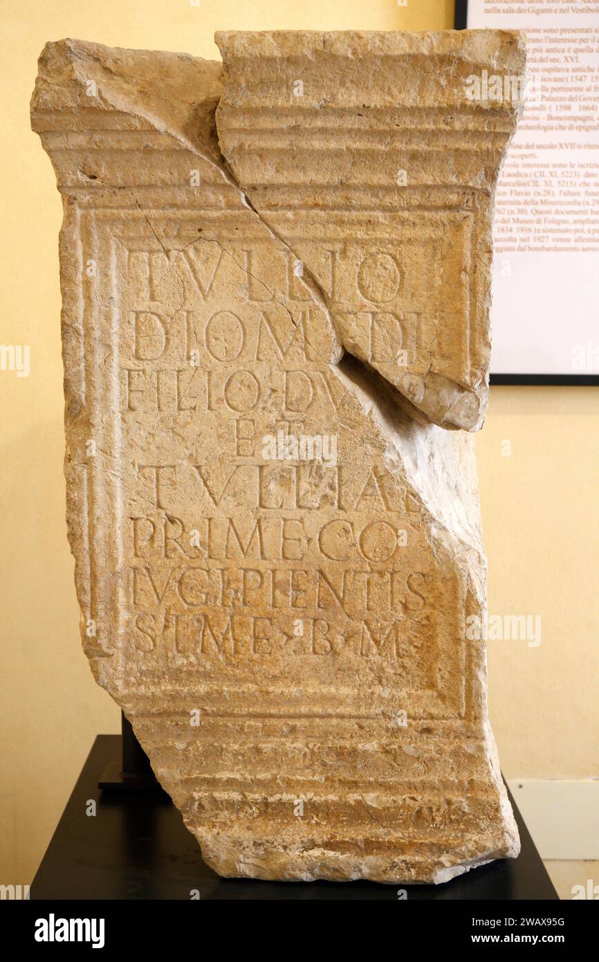 Italy Umbria Foligno: Palazzo Trinci. Home to an art gallery and archaeological museum. Tullii funerary altar. 1st century AD Stock Photo