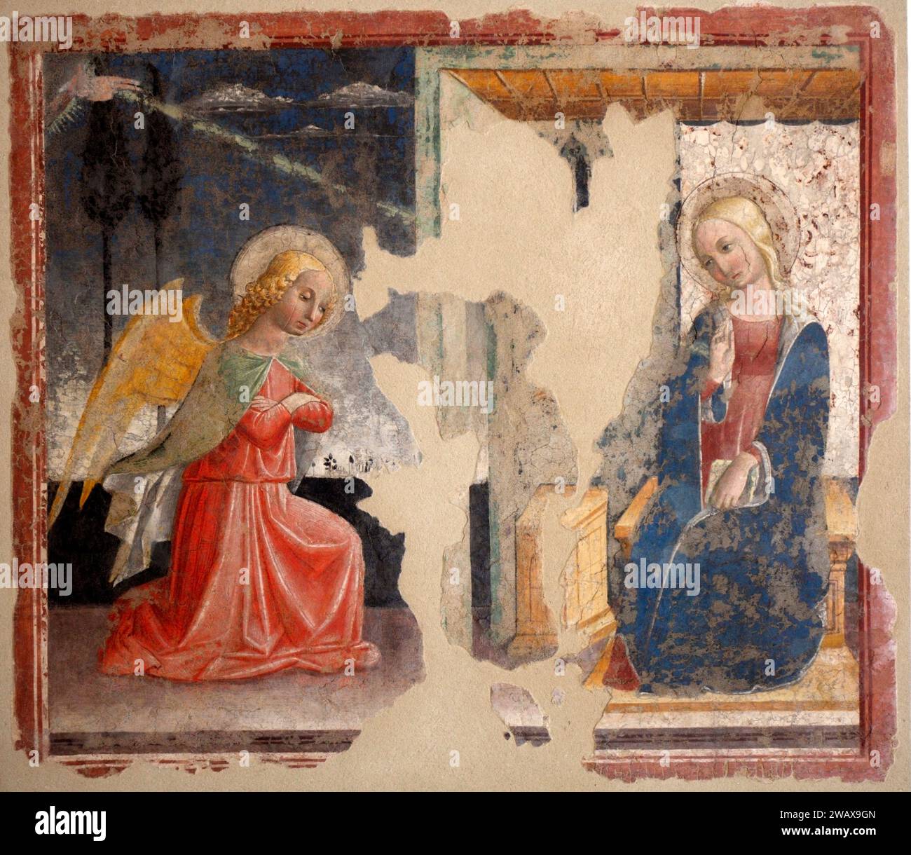 Italy Umbria Foligno: Palazzo Trinci. Home to an art gallery and archaeological museum. Nicolò di Liberatore known as L'Alunno  Annunciation 15th century Detached fresco Stock Photo