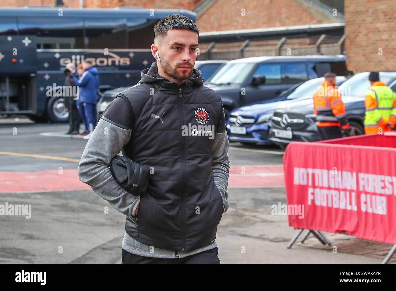 Owen Dale of Blackpool arrives ahead of the Emirates FA Cup Third Round