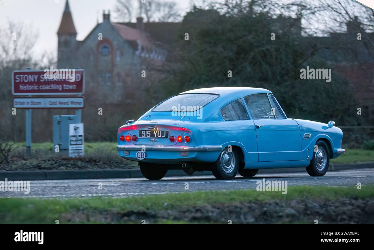Stony Stratford,UK Jan 1st 2024. 1962 blue Bond Equipe car arriving at Stony Stratford for the annual New Years Day vintage and classic vehicle festiv Stock Photo