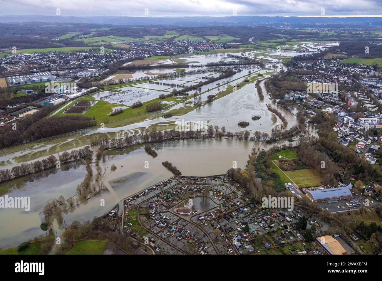 Luftbild, Ruhrhochwasser, Weihnachtshochwasser 2023, Fluss Ruhr tritt