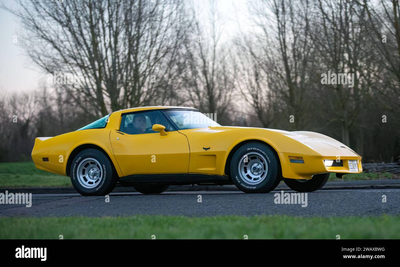 Stony Stratford,UK Jan 1st 2024. 1978 yellow Chevrolet Corvette car