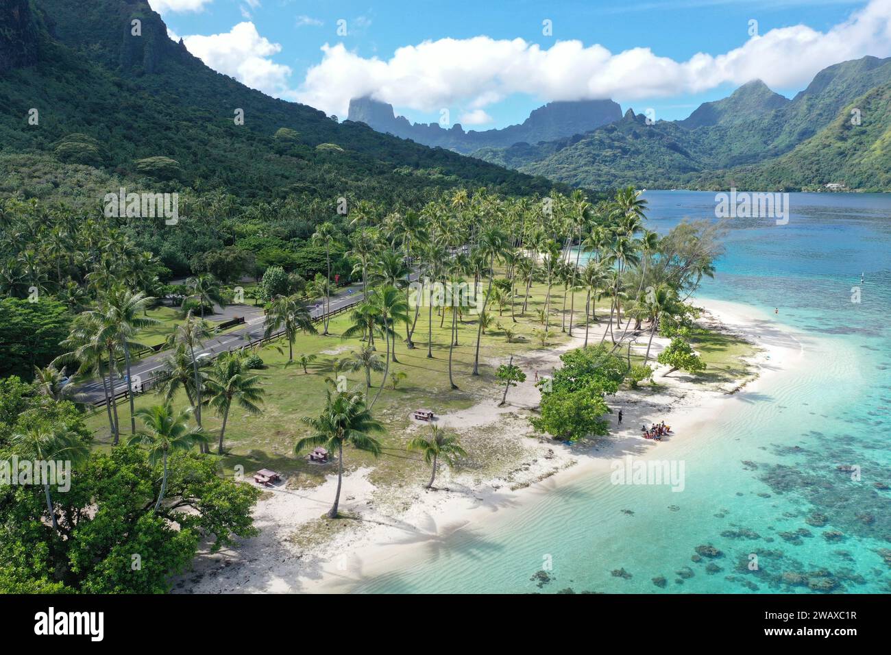 Aerial drone view of Ta'ahiamanu beach Moorea, French Polynesia Stock Photo