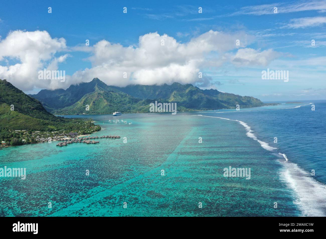 Aerial drone view of Hilton Moorea Lagoon Resort & Spa Moorea with coral reef, French Polynesia Stock Photo