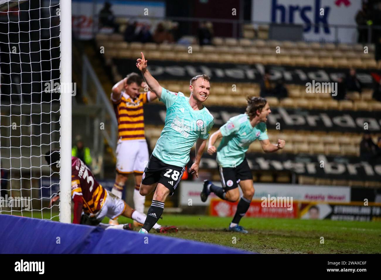 The University of Bradford Stadium, Bradford, England - 6th January 2024 Adam Campbell (28) of Crawley Town celebrates scoring - during the game Bradford City v Crawley Town, Sky Bet League Two,  2023/24, The University of Bradford Stadium, Bradford, England - 6th January 2024 Credit: Mathew Marsden/WhiteRosePhotos/Alamy Live News Stock Photo