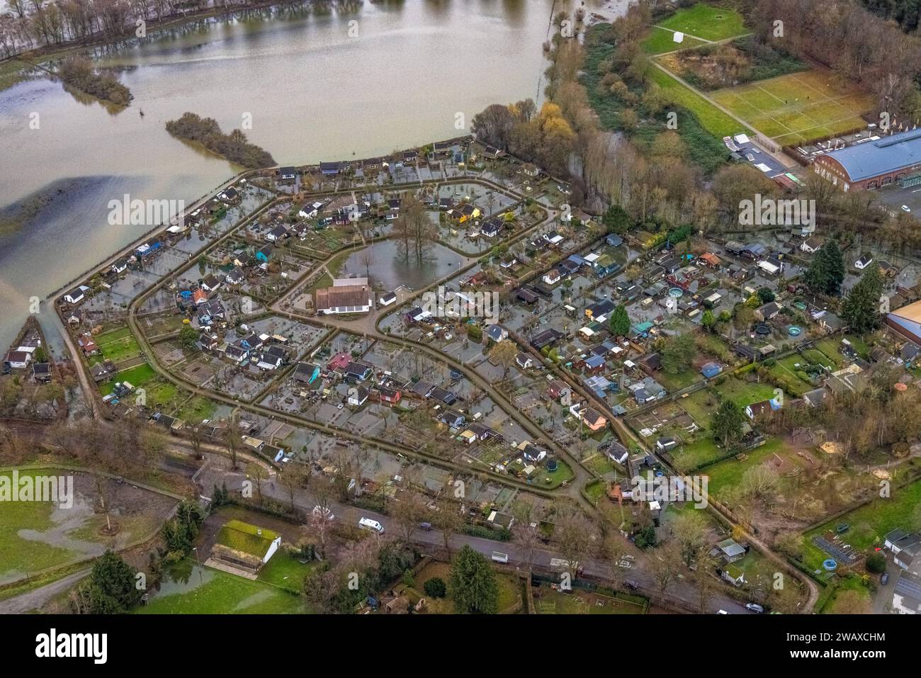 Luftbild, Ruhrhochwasser, Weihnachtshochwasser 2023, Fluss Ruhr tritt
