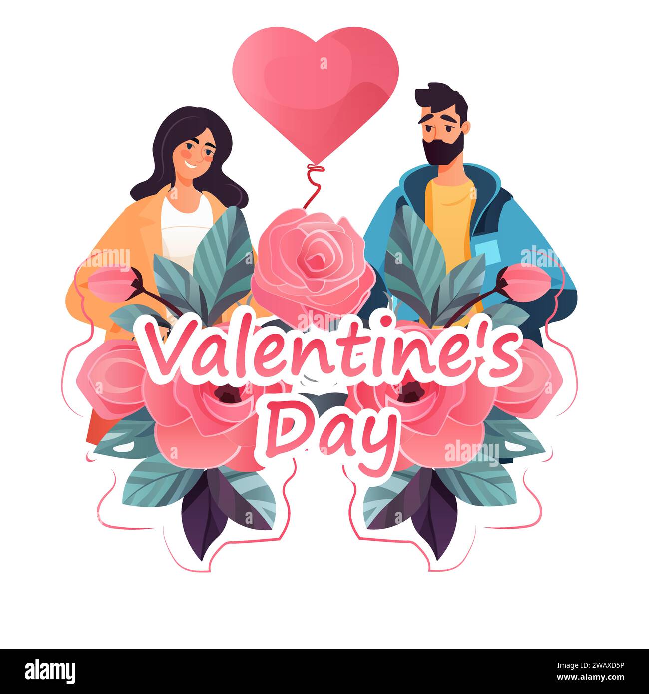 couple in love with flowers bouquet and pink air balloon happy ...