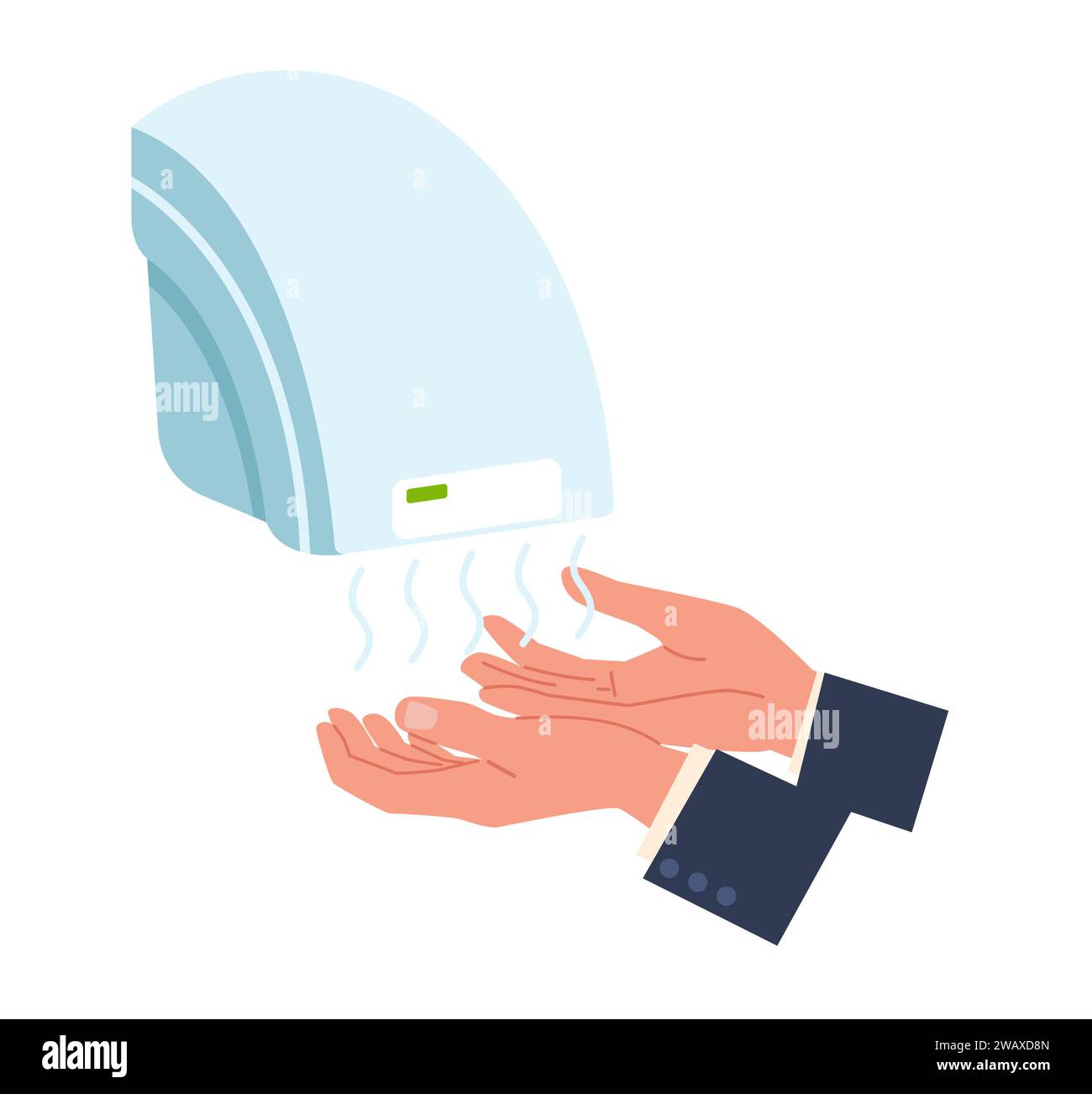 Hands are dried under warm air coming from hand dryer. Electric