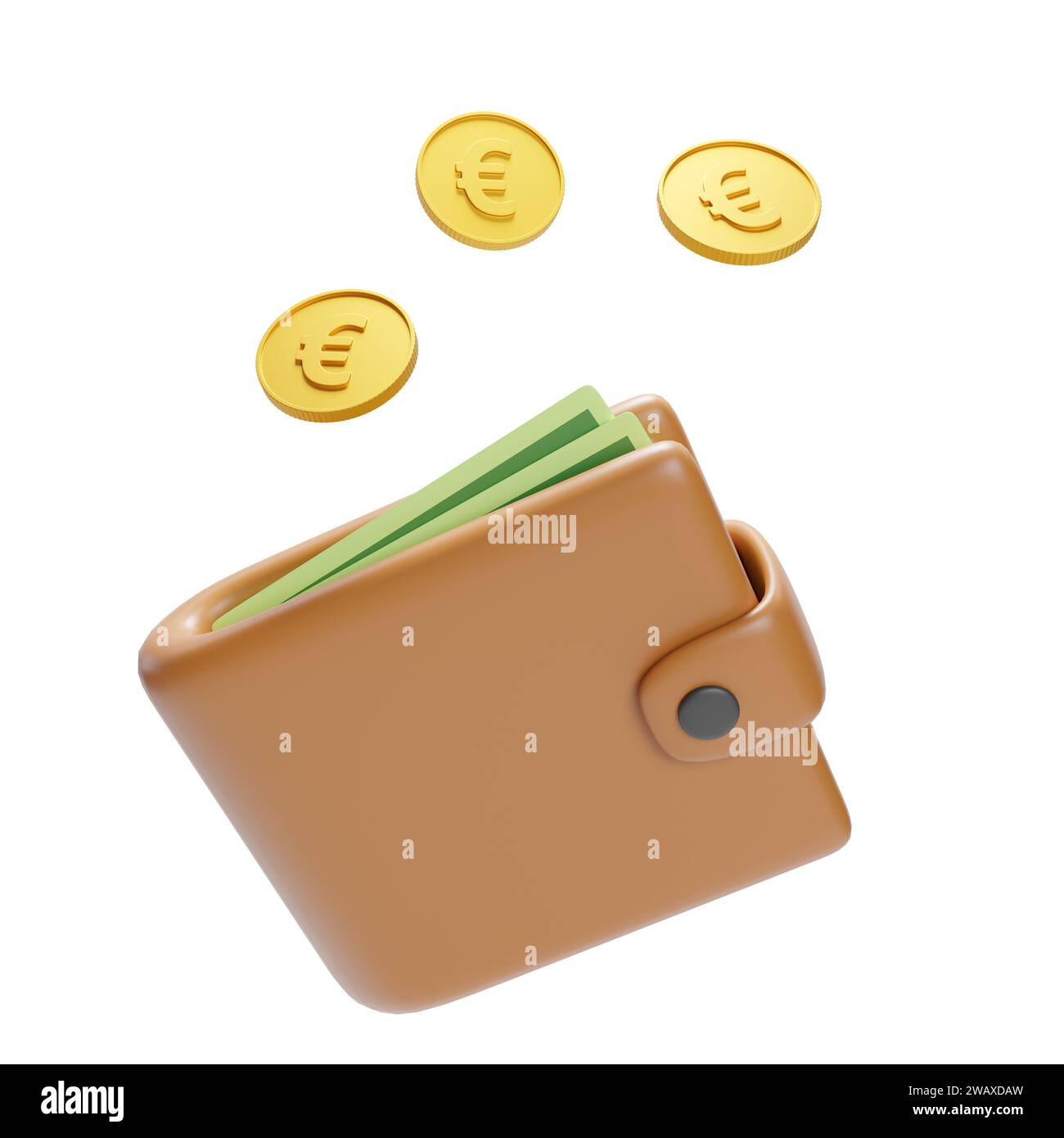Cartoon wallet with bills and euro coins isolated on white background. 3d illustration. Stock Photo