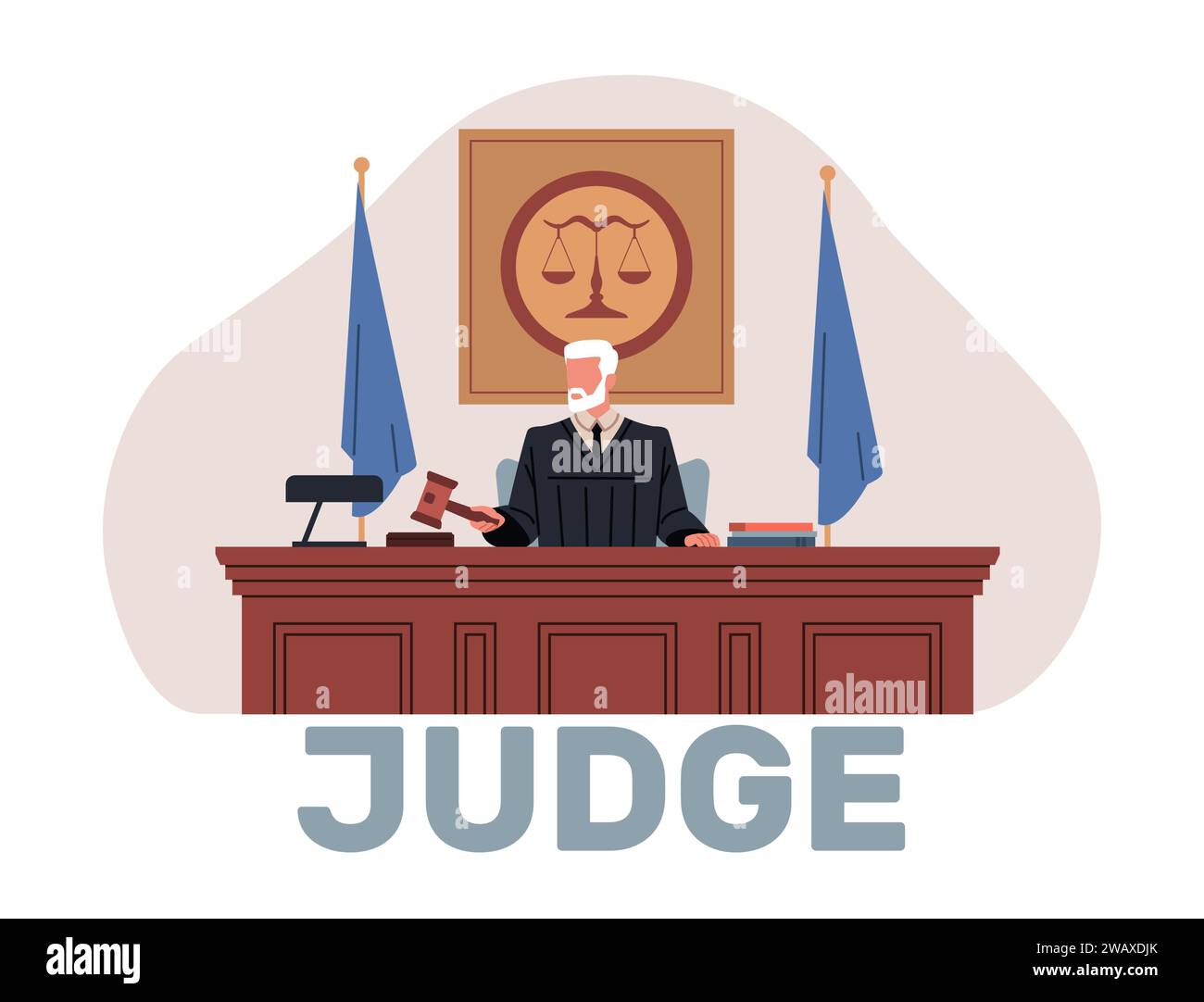 Judge in traditional black robe pronounces sentence. Man holding hammer sitting courtroom trial or tribunal. Male character make verdict in court Stock Vector