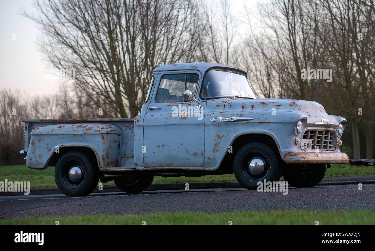 Stony Stratford,UK Jan 1st 2024. 1957 Chevrolet pick up truck car arriving at Stony Stratford for the annual New Years Day vintage and classic vehicle Stock Photo