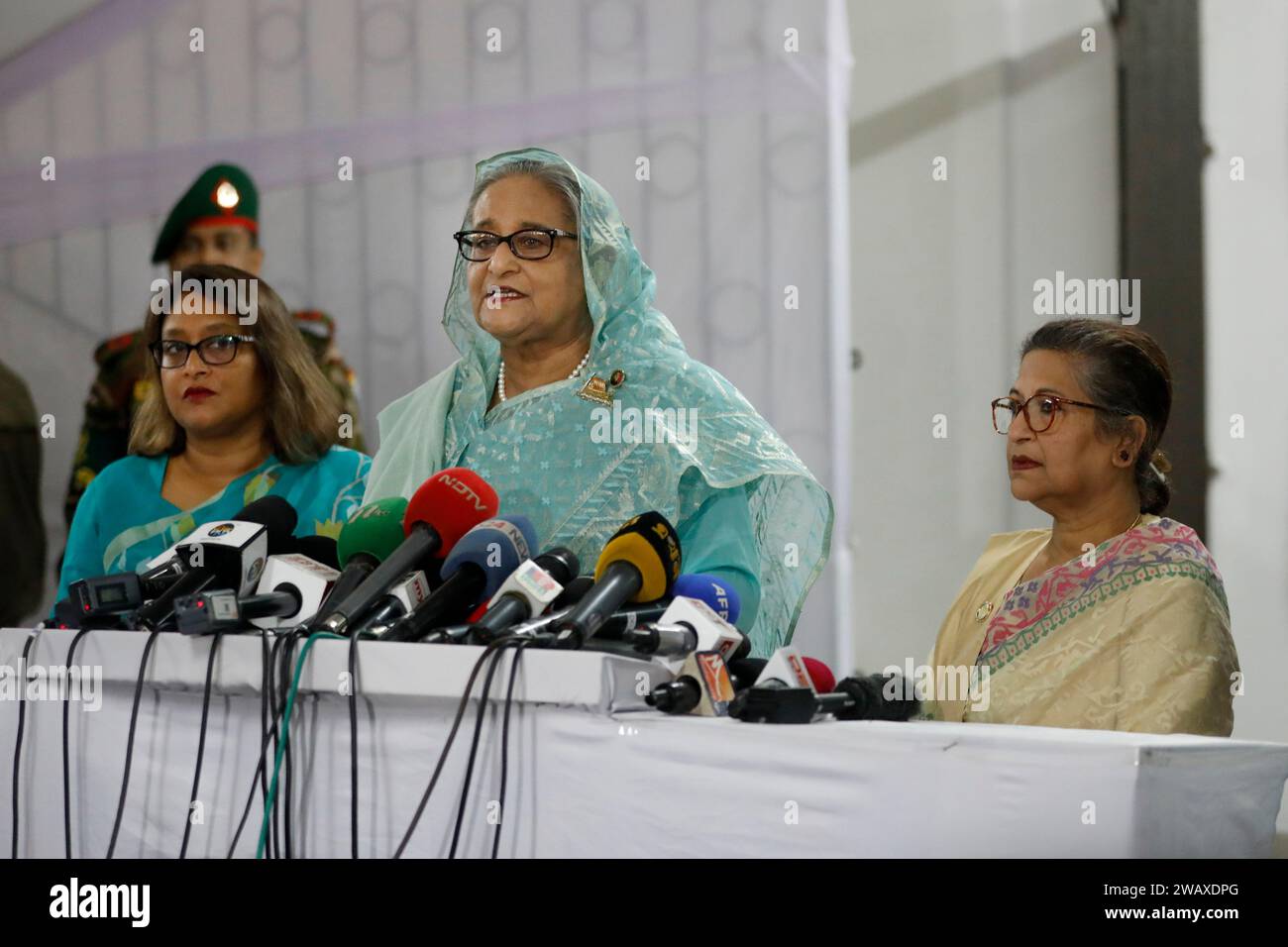Dhaka, Bangladesh - January 07, 2024: Prime Minister Sheikh Hasina spoke to reporters after voting in the 12th National parliament elections at Dhaka Stock Photo
