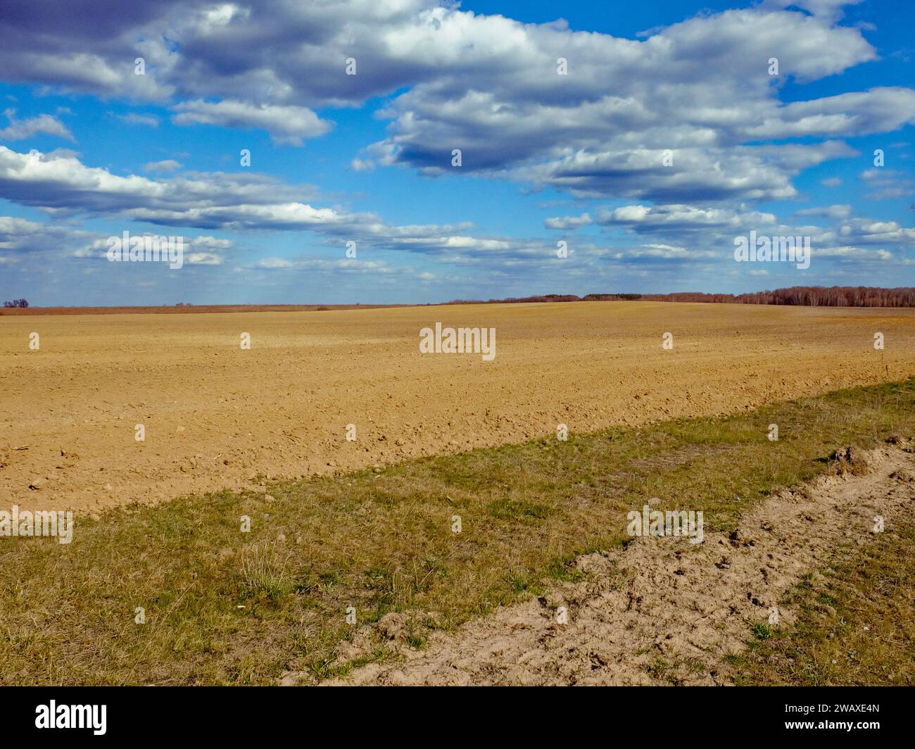 Open landscape, clear skies, and a barren field. Stock Photo