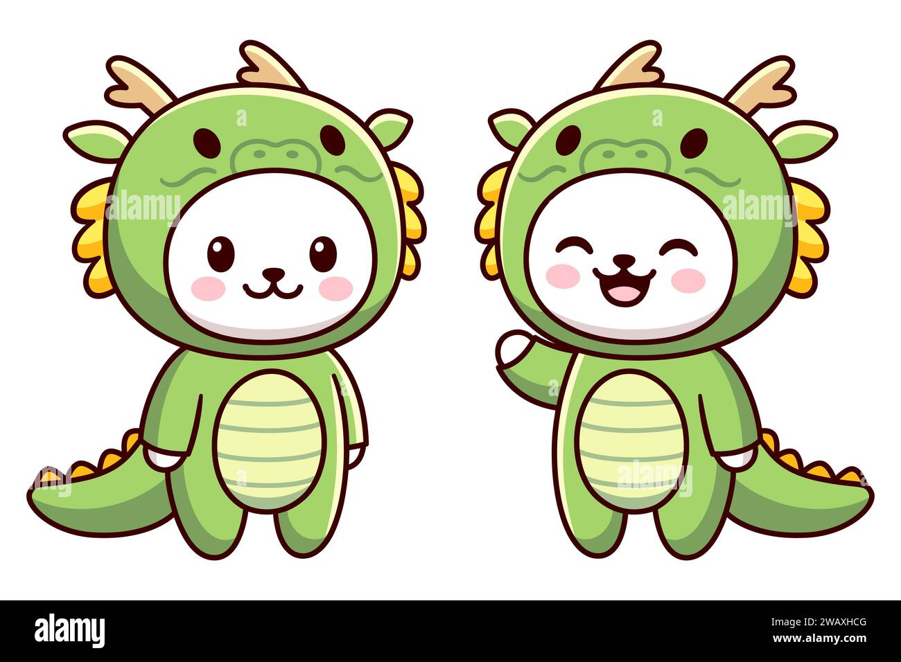 Kawaii cat character in green dragon costume. Chinese New Year animal. Cute cartoon vector clip art illustration. Stock Vector
