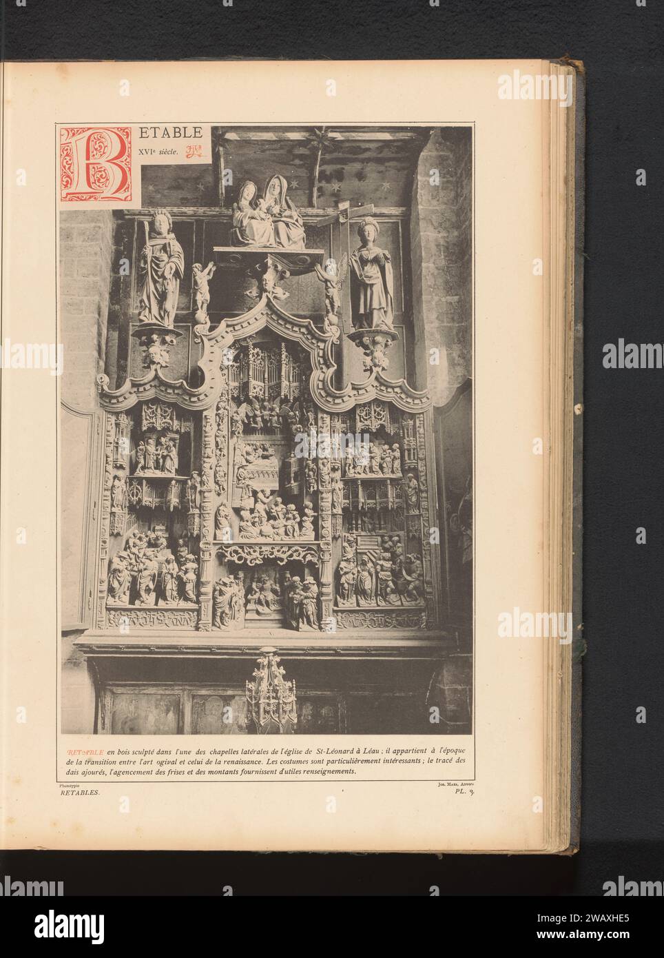 Altarpiece made of wood in the Sint-Leonardus church in Zoutleeuw, Belgium, Anonymous, c. 1882 - in or before 1887 photomechanical print  Saint-Leonard Music State paper collotype / photolithography altar with altar-piece Sint-Leonarduskerk Stock Photo