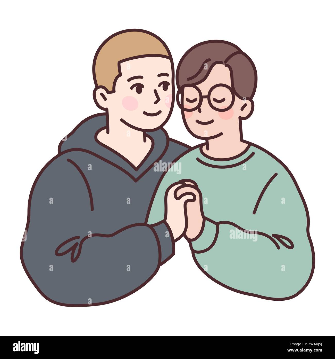 Cute young gay couple in love, two boys holding hands. Simple cartoon drawing, vector illustration. Stock Vector