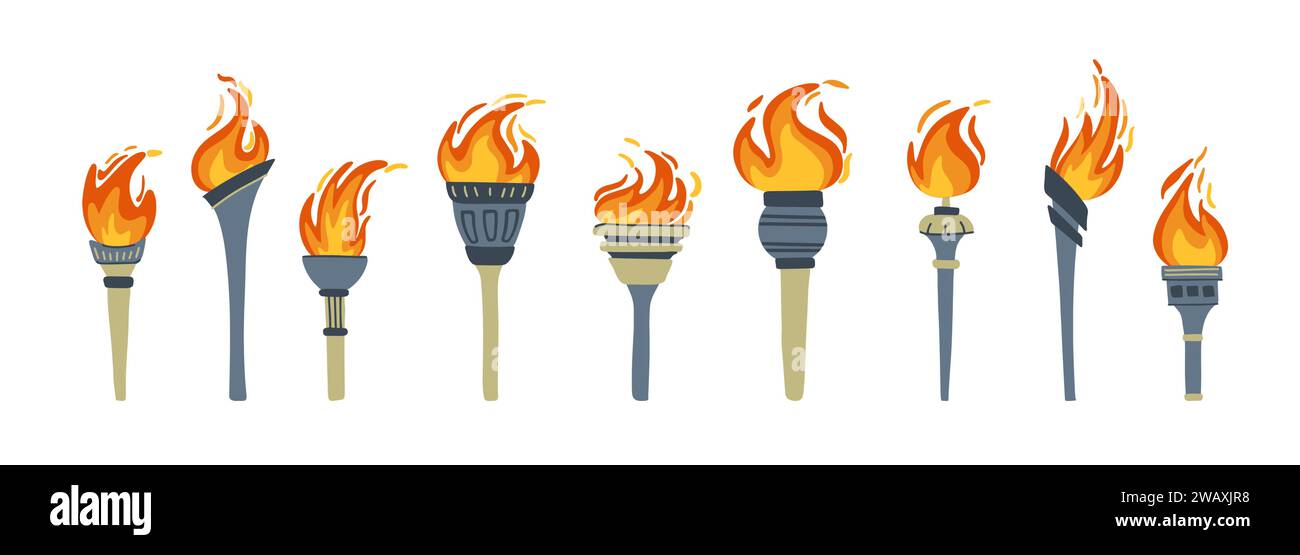 Set of olympic torches with burning fire. Flat style vector illustration Stock Vector