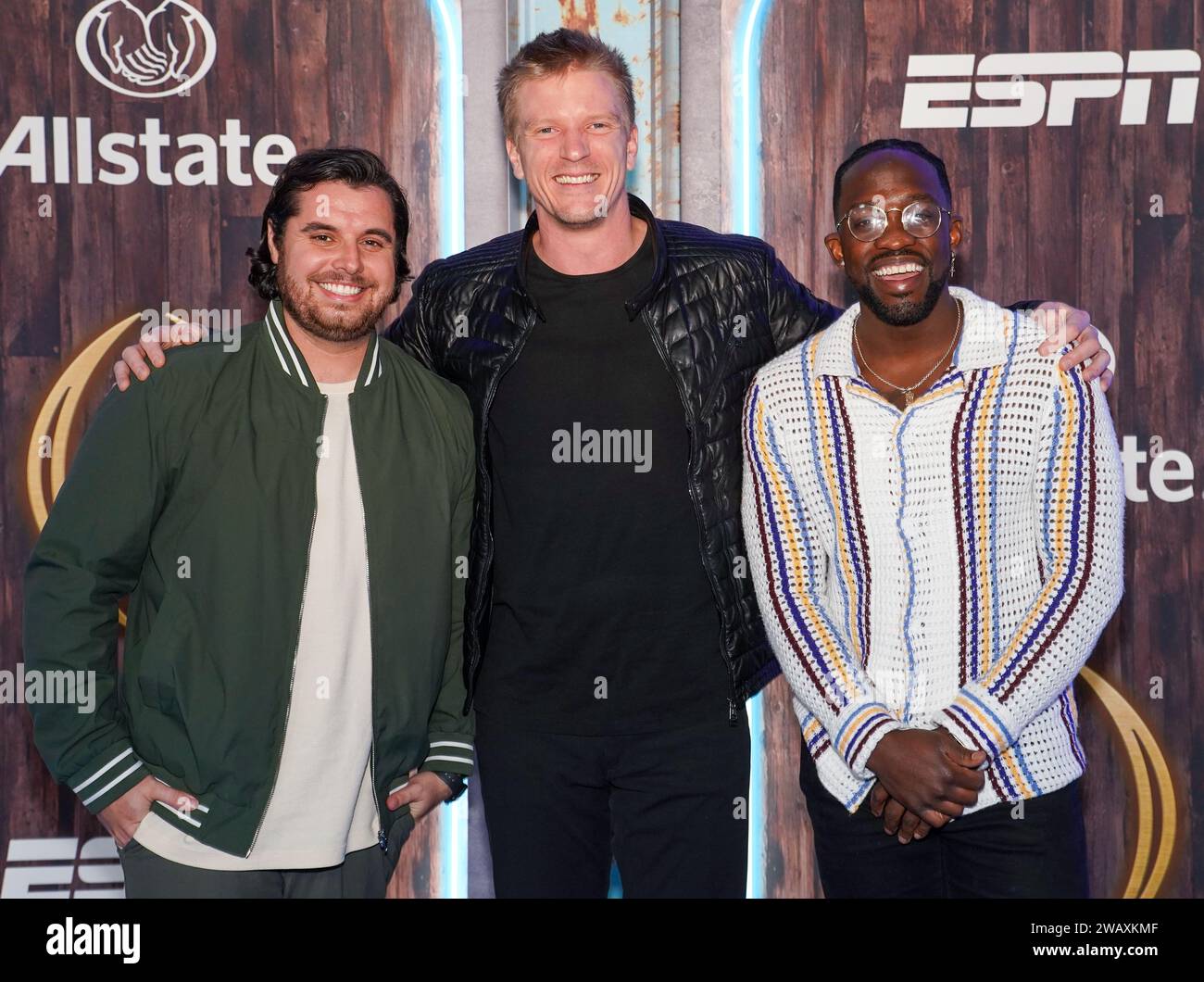 Houston, United States. 06th Jan, 2024. Ravech, Skubie Mageza, and Matt Simms (L to R) attends the ESPN and College Football Playoff Allstate Party at the Post in Houston, Texas on January 6, 2024. (Photo By Jerome Hicks/Sipa USA) Credit: Sipa USA/Alamy Live News Stock Photo