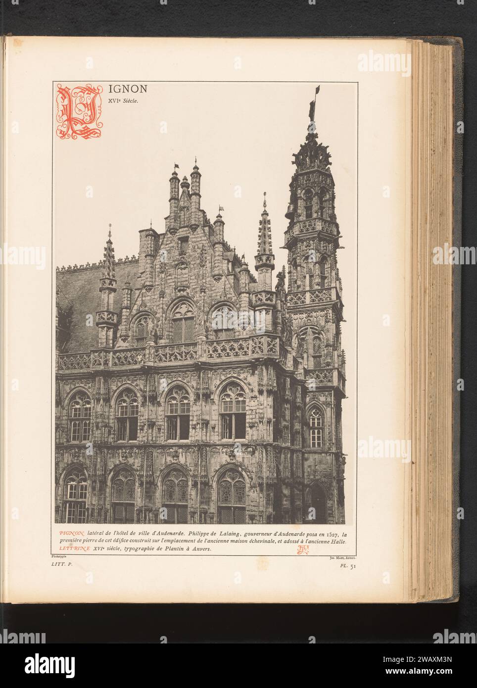 Facade of the town hall in Oudenaarde, Anonymous, After Christoffel Plantijn, c. 1876 - in or before 1881 photomechanical print  Oudenaardenderfter Design by: Antwerp paper collotype / photolithography decorated gable. townhall Oudenaarde Stock Photo