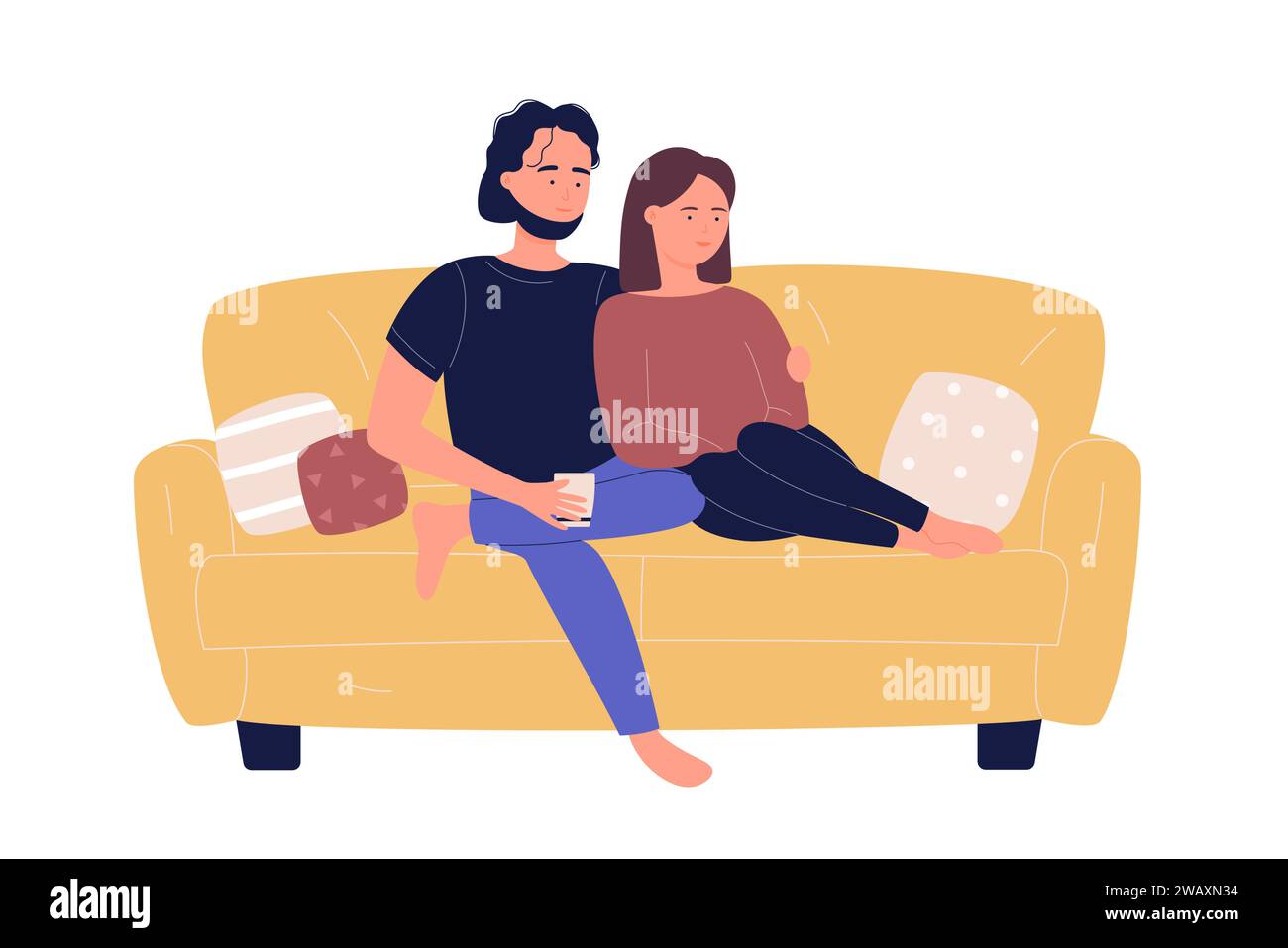 Young family couple sitting on sofa and watching TV movie in living room. Home leisure spare time, people resting and spending time together cartoon flat vector illustration Stock Vector