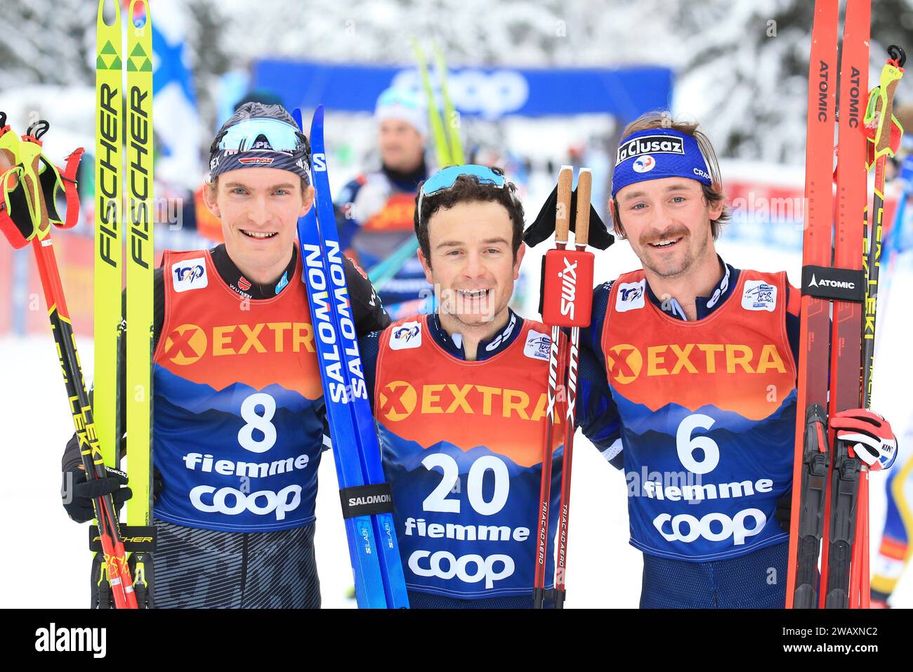 Cermis, Italy. 07th Jan, 2024. © Pierre Teyssot/MAXPPP ; Cross Country Ski World Cup in Cermis, Italy on January 7, 2024. Val Di Fiemme Cermis Final climb of Tour de ski, From left, Moch Friedrich GER, France's Jules Lapierre and Hugo Lapalus (FRA) © Pierre Teyssot/Maxppp Credit: MAXPPP/Alamy Live News Stock Photo