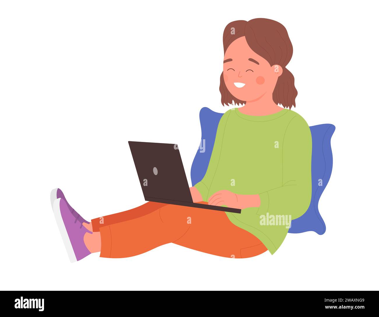 Kids using mobile phones, tablet and laptop for online games and study vector illustration. Cartoon happy friends sitting on couch in home interior background. Internet addiction problem concept Stock Vector