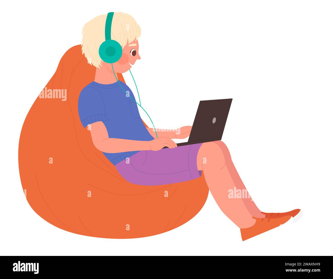 Kids using mobile phones, tablet and laptop for online games and study vector illustration. Cartoon happy friends sitting on couch in home interior background. Internet addiction problem concept Stock Vector